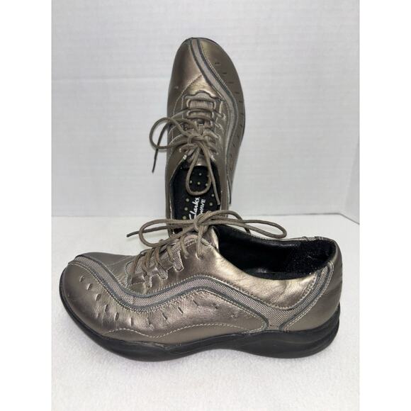 6M CLARKS Wave Walk Pewter Leather Shoes Lace Up Metallic Comfort 87822 Womens - Picture 2 of 13